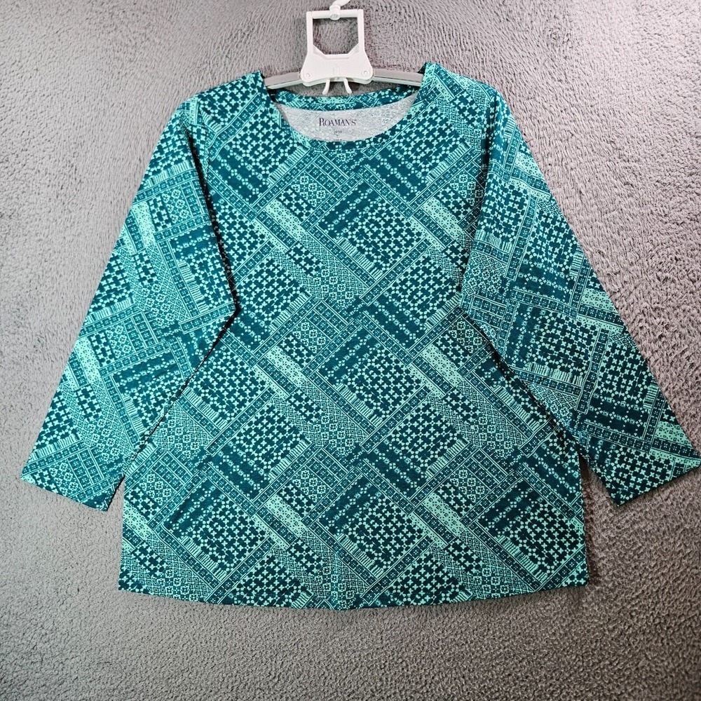 Roaman's Top 18 20 Large Geometric Print Long Sleeve Green Tone
